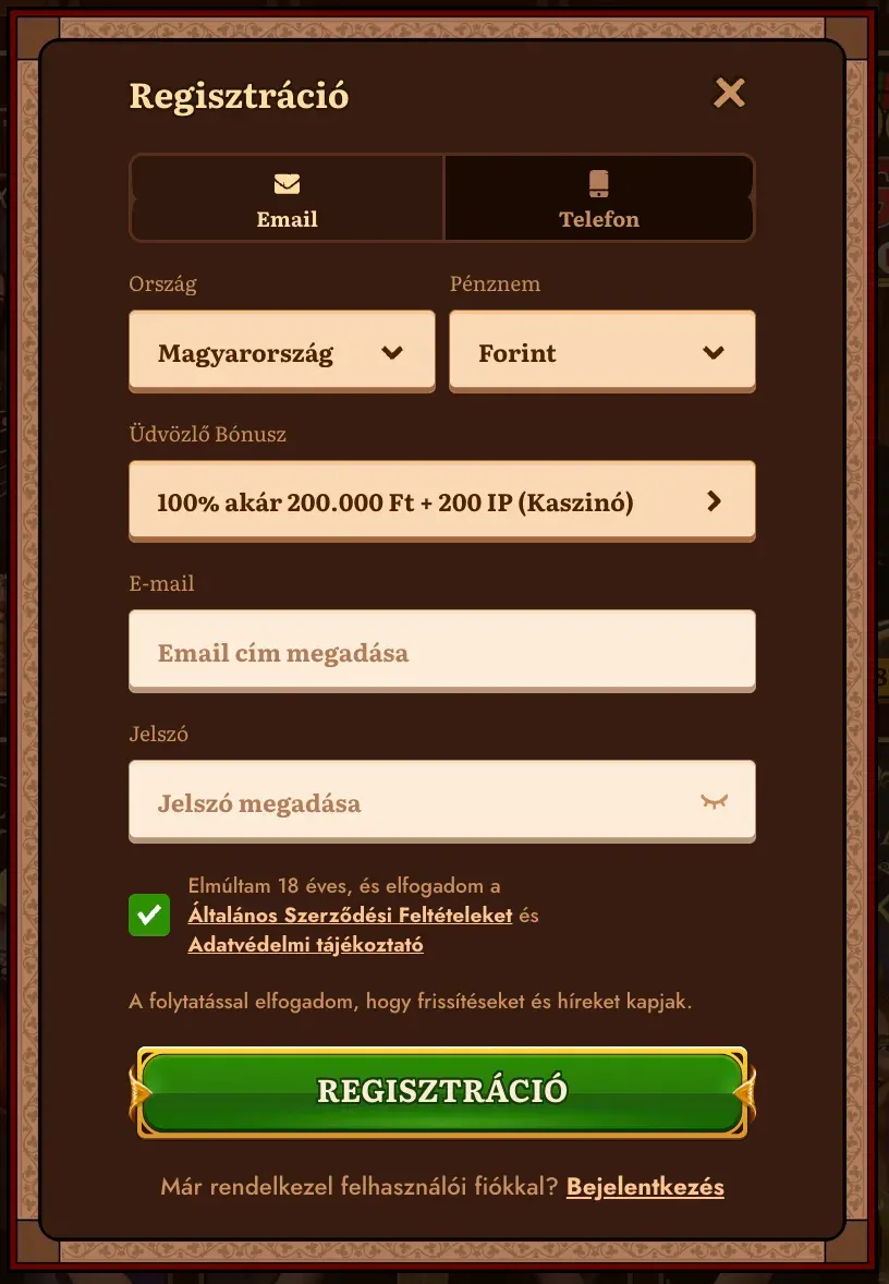 Regisztrációs űrlap a Wildrobin casino